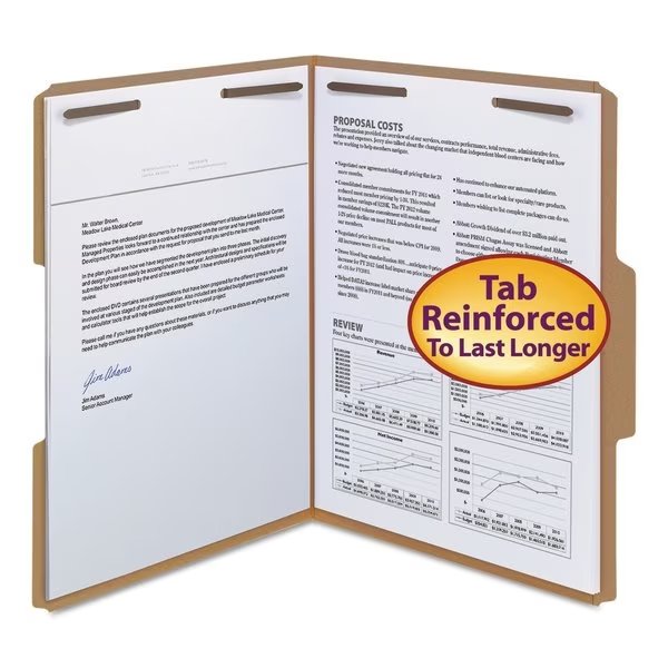 Pressboard Folder, Fastener, Letter, 1/3 Cut, Brown, PK50, SMEAD, Mfr# 14837